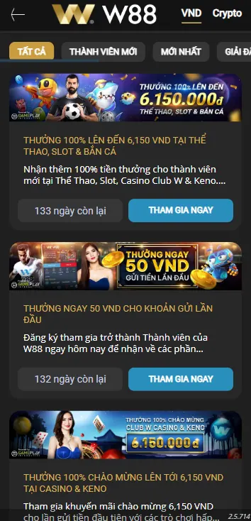 Các gói thưởng chào mừng W88 cho tài khoản mới