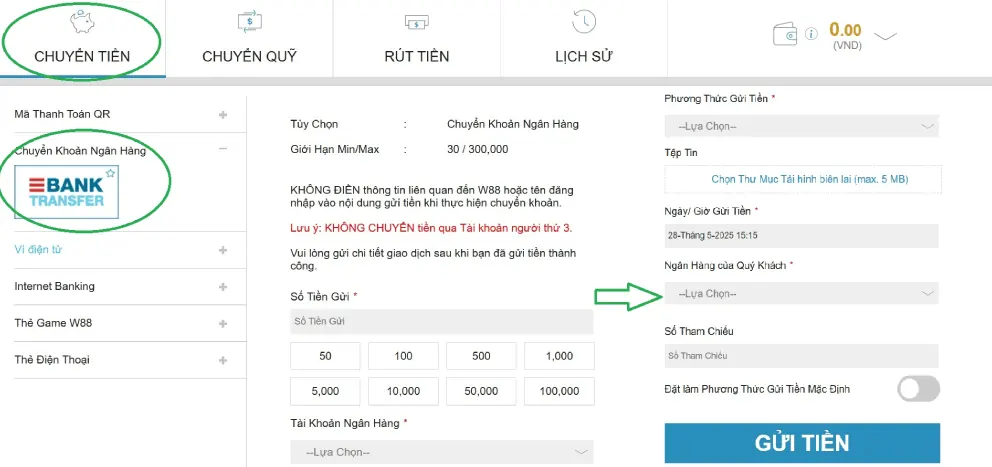 Màn hình nạp tiền W88 bằng chuyển khoản ngân hàng nội địa