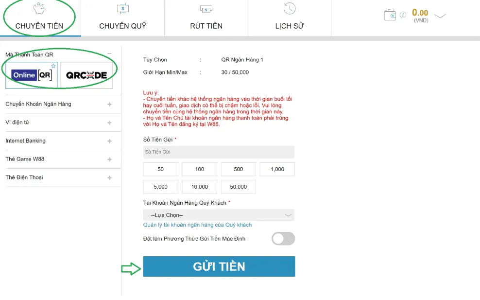 Màn hình nạp tiền W88 bằng quét mã QR ngân hàng