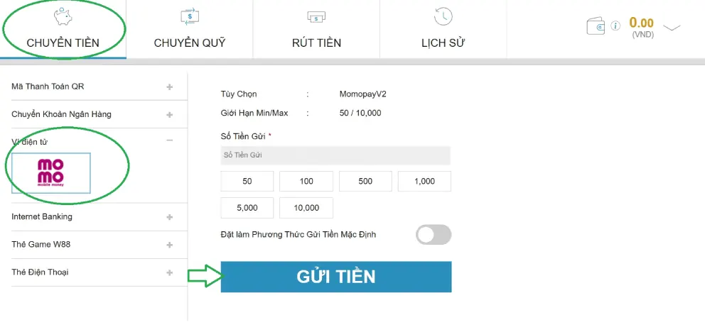 Màn hình nạp tiền W88 qua ví Momo với hạn mức 50.000đ đến 10.000.000đ