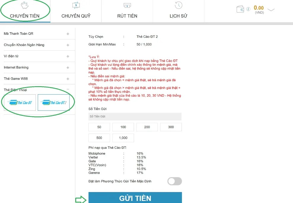 Màn hình nạp tiền W88 bằng thẻ cào điện thoại và thẻ game