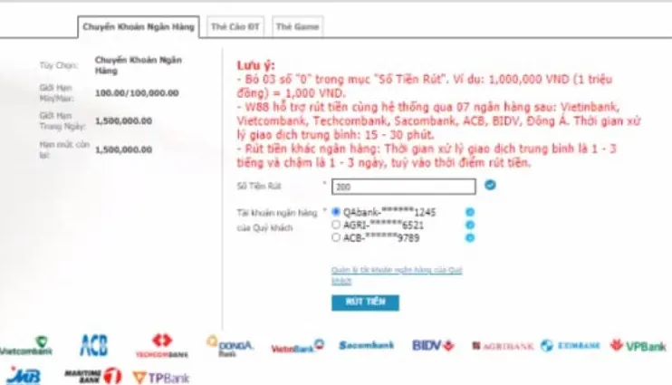 Màn hình rút tiền W88 về tài khoản ngân hàng nội địa