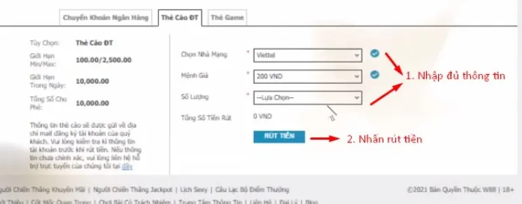 Màn hình rút tiền W88 bằng thẻ cào điện thoại
